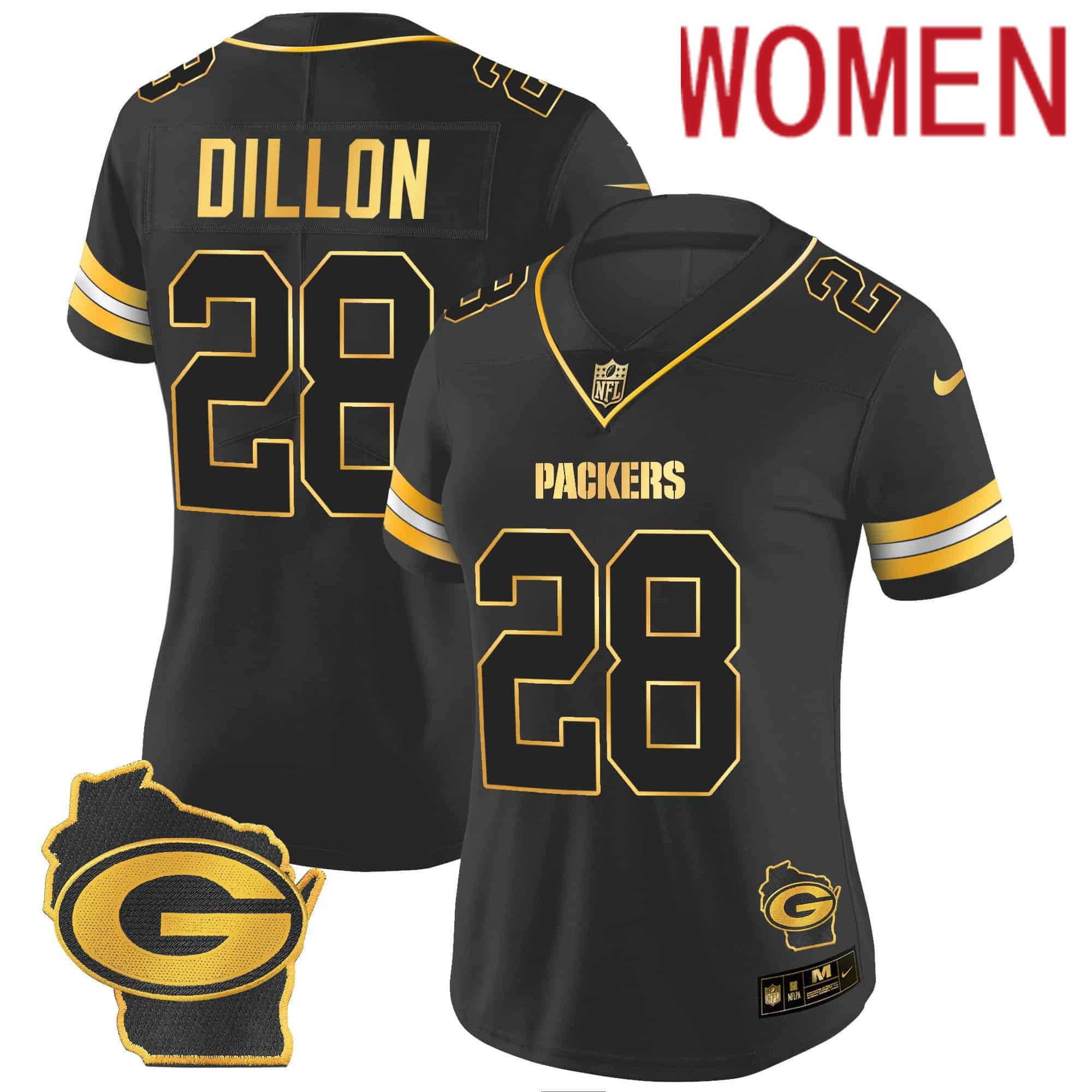 Women Green Bay Packers 28 Dillon Black Gold 2024 Nike Home Patch Vapor NFL Jersey style 2